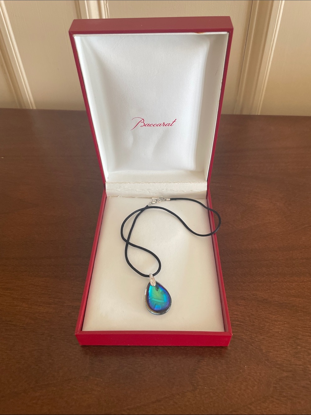 Baccarat Iridescent Blue-Green Teardrop Pendant Necklace - New in Box